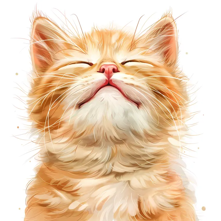 Happy Orange Cartoon Kitten with Closed Eyes