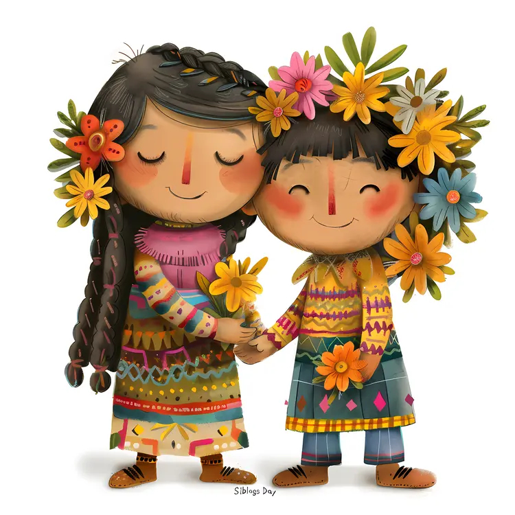Siblings in Traditional Clothing with Flowers for Siblings Day