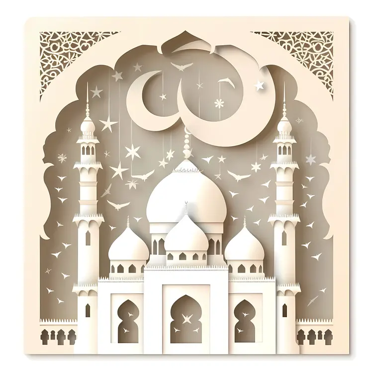 White Mosque with Crescent Moon and Stars