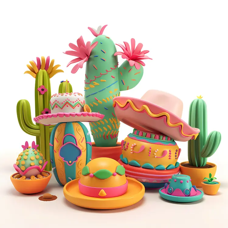 Colorful Cacti with Mexican Hat