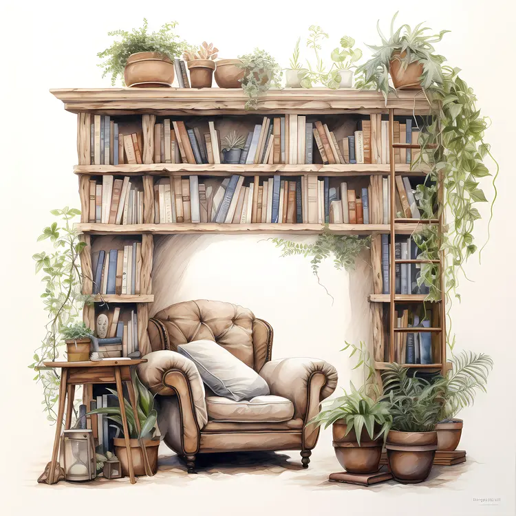 Rustic Reading Nook with Wooden Bookshelf and Armchair