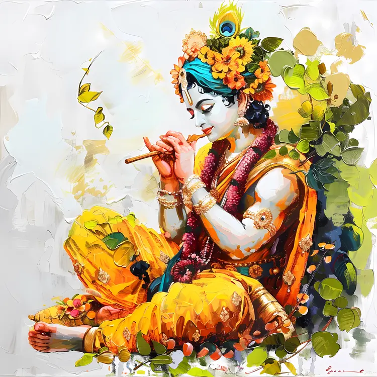 Hindu Deity Playing Flute with Floral Ornaments