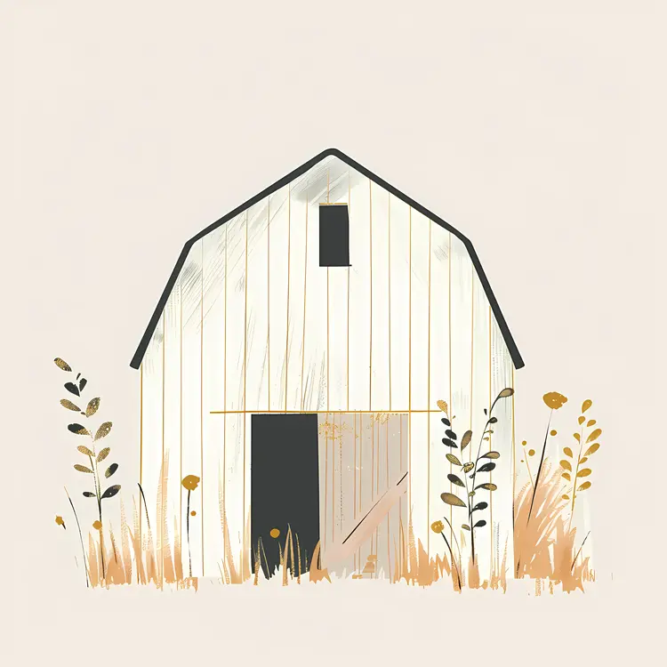 White Barn with Grass and Flowers