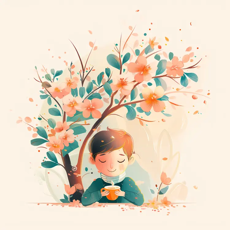 Person with Coffee under Blossoming Tree