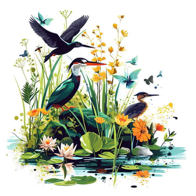 Birds and Butterflies in a Vibrant Wetland