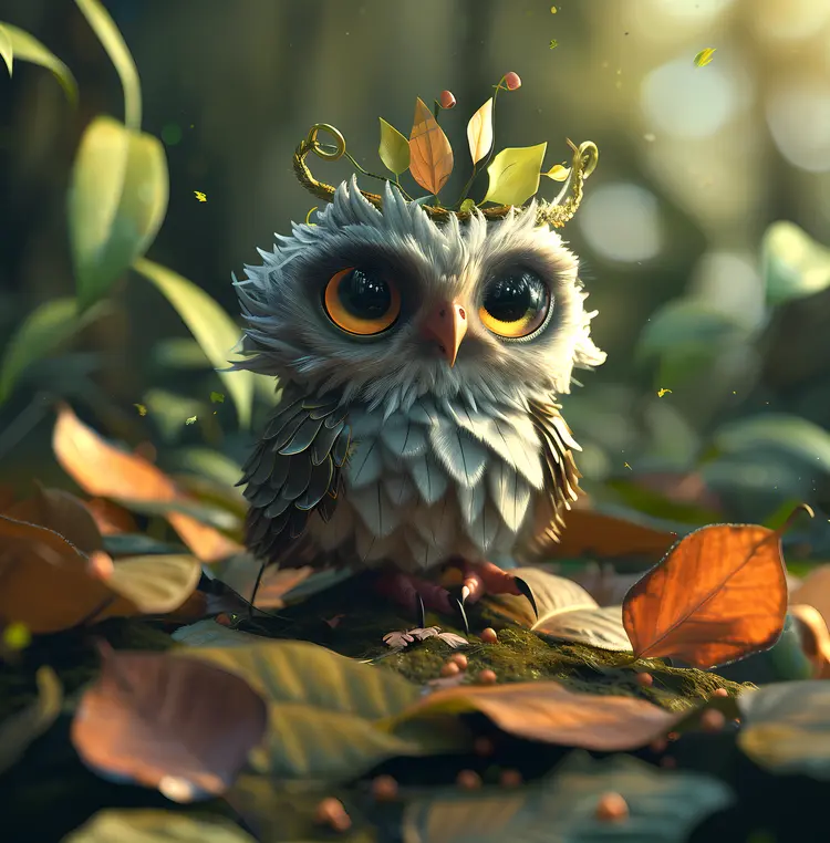 Cute Owl with Leaves