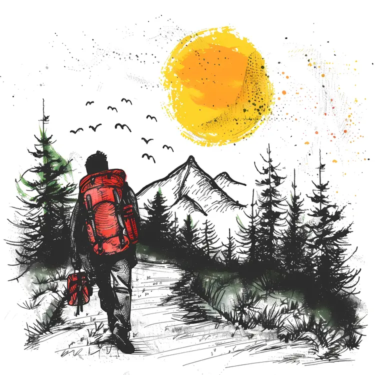 Hiker with Red Backpack in Mountain Landscape