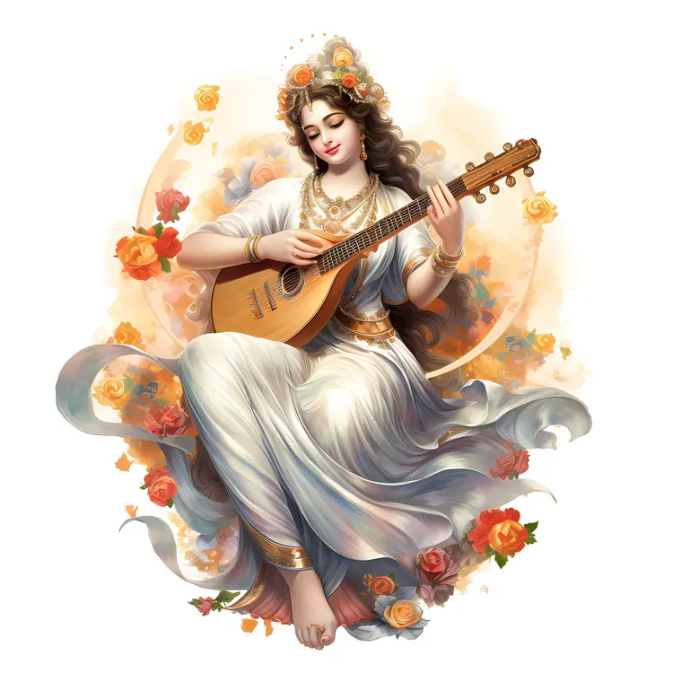 Divine Goddess Playing Veena with Flowers