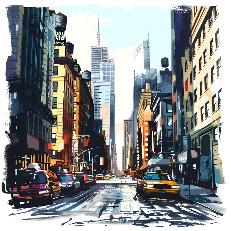 Bustling city street with taxis