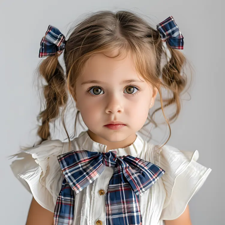 Adorable Girl with Pigtails and Plaid Bow
