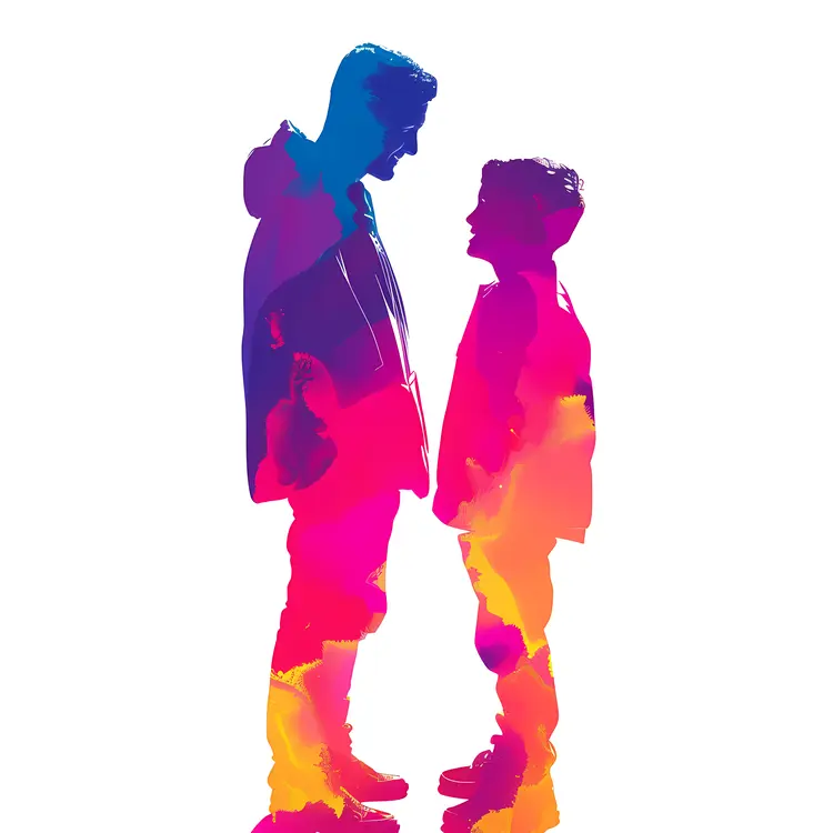 Colorful Father and Child Silhouette in Conversation