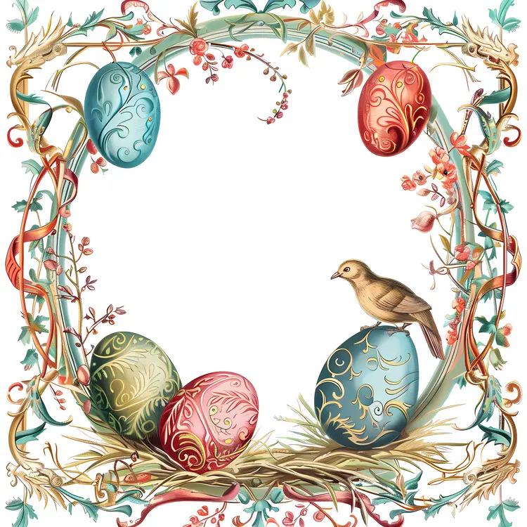 Easter Eggs with Bird and Floral Frame