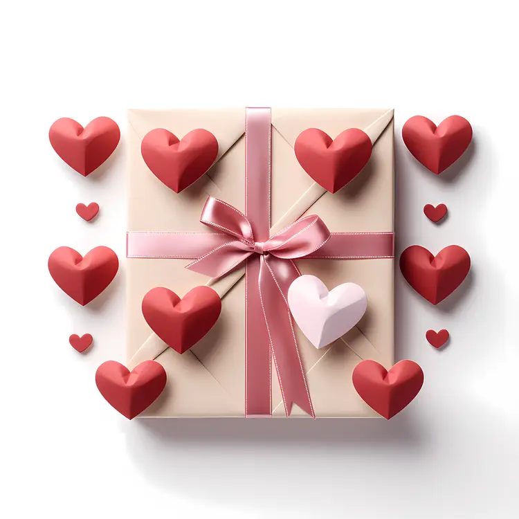 Gift Box with Pink Ribbon and Hearts for Valentine's Day