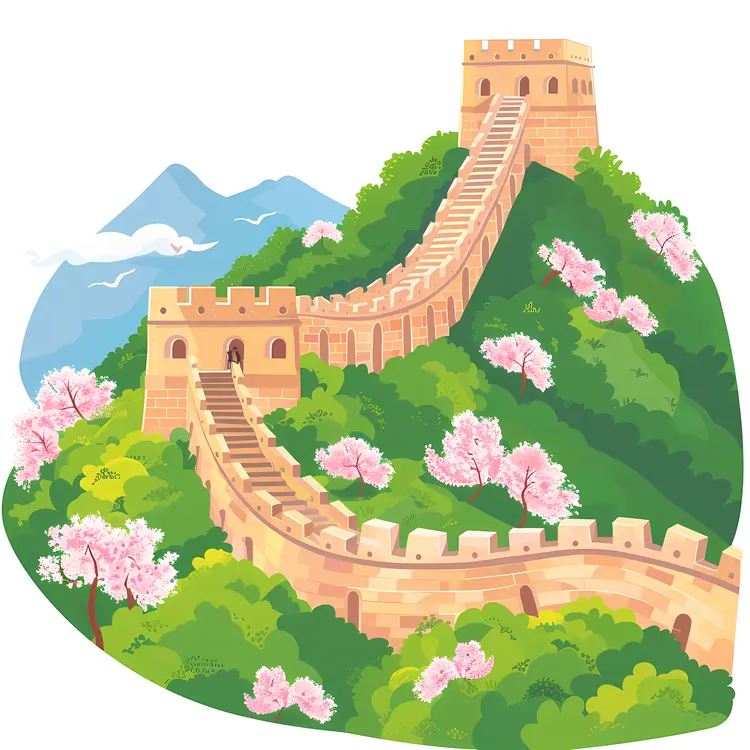 Great Wall of China with Blossoming Trees