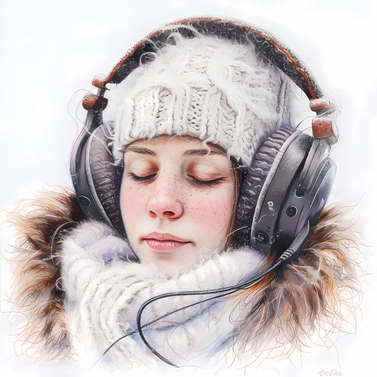 Girl with Headphones and Winter Hat