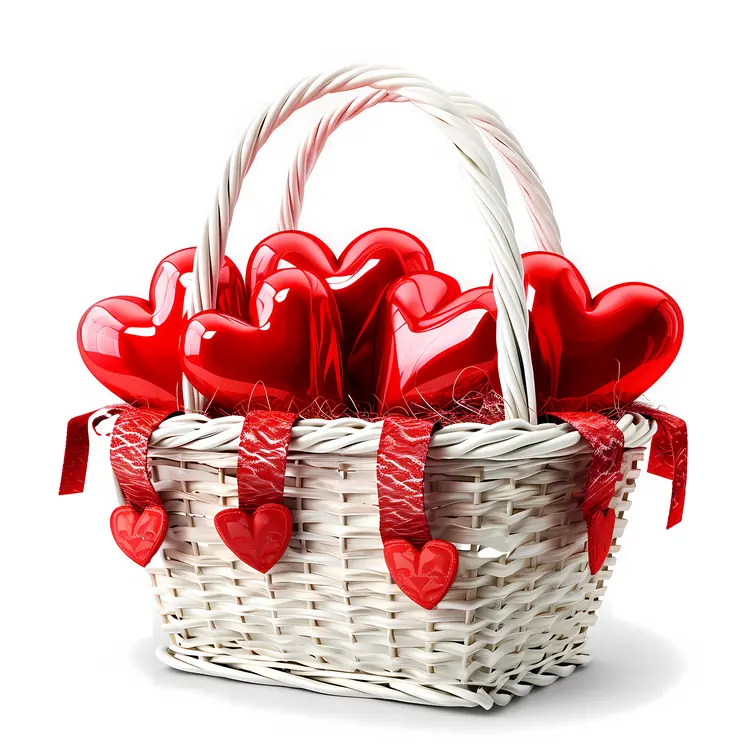 White Basket with Red Heart-shaped Cushions
