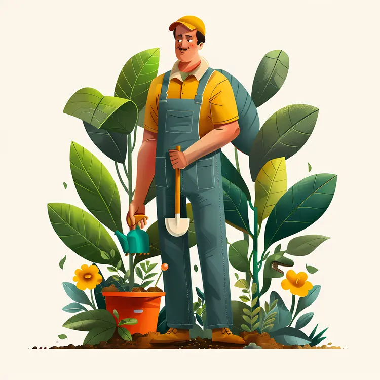Gardener with Plants and Shovel
