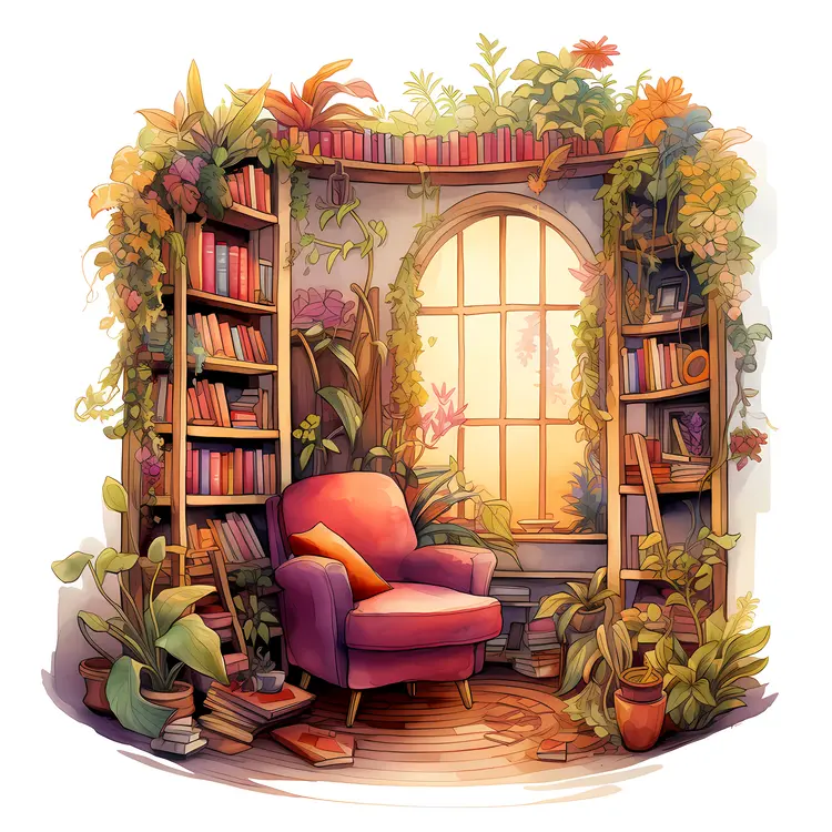 Purple Armchair with Bookshelf and Flowers