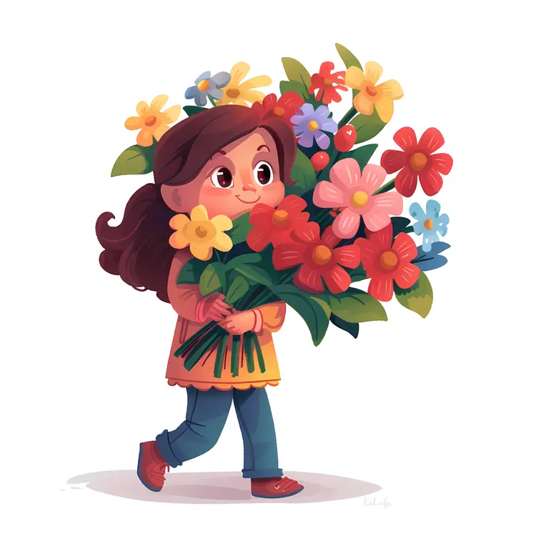 Cute Girl with Colorful Flowers Illustration