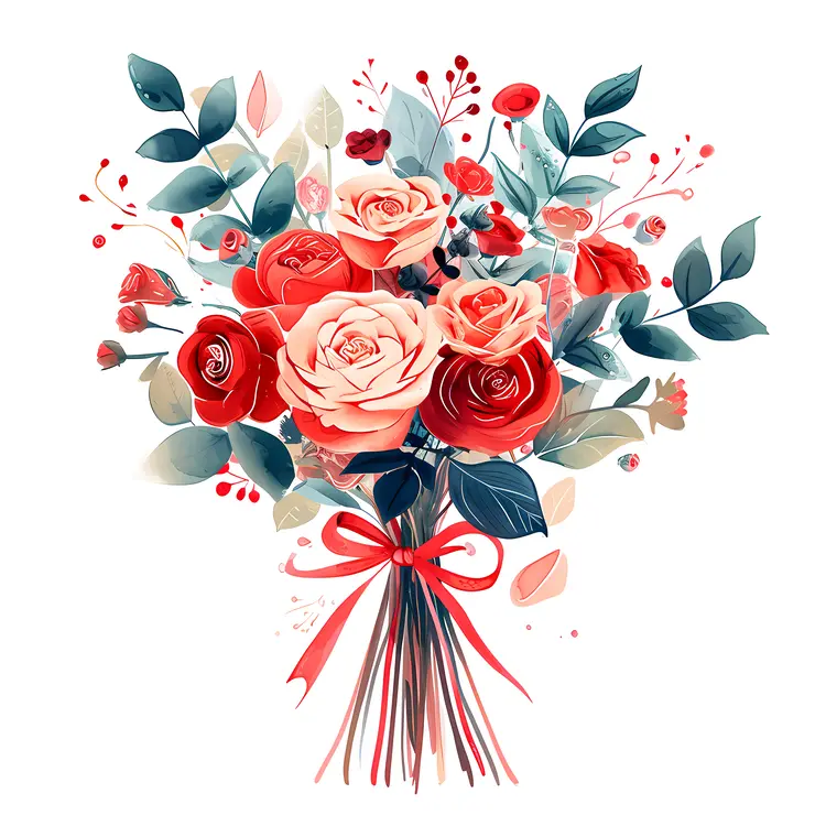 Bouquet of Roses with Hearts and Leaves
