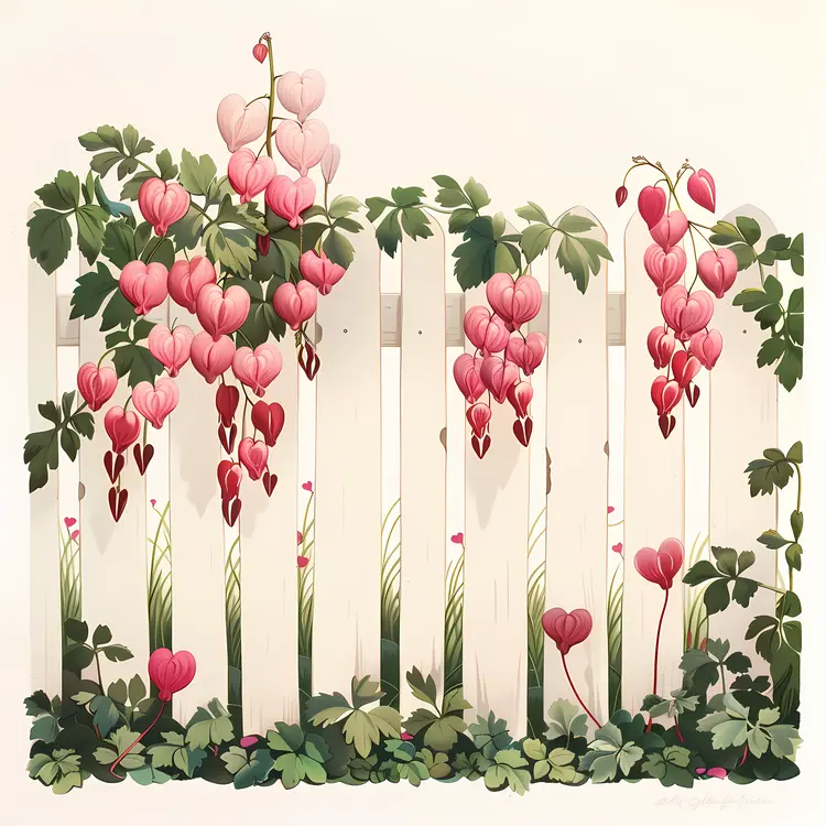 Bleeding Heart Flowers on White Fence