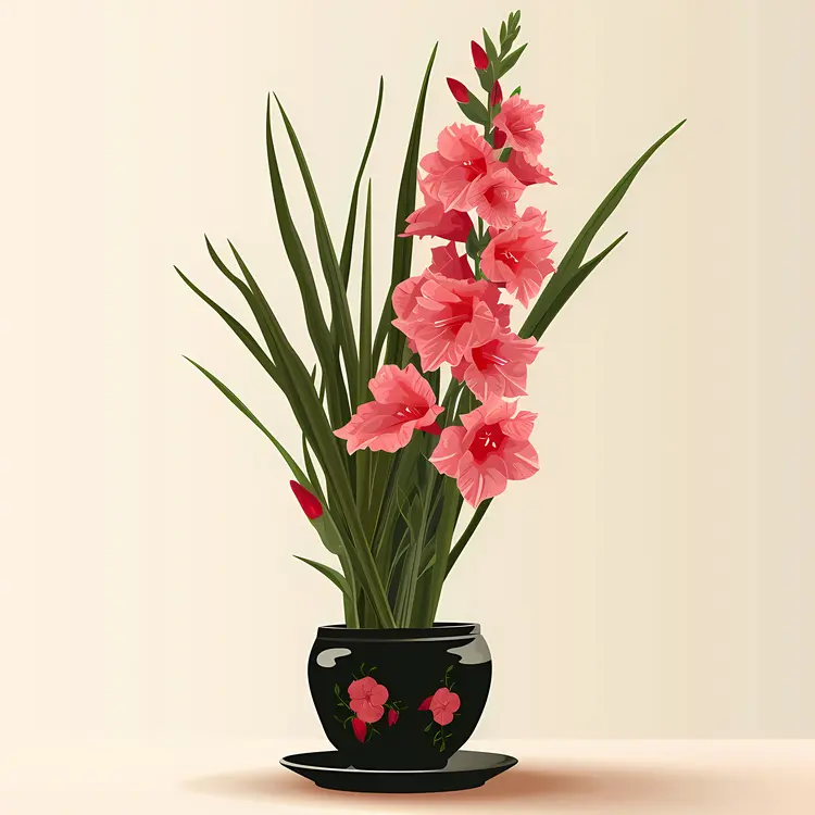 Pink Gladiolus Flowers in a Black Vase
