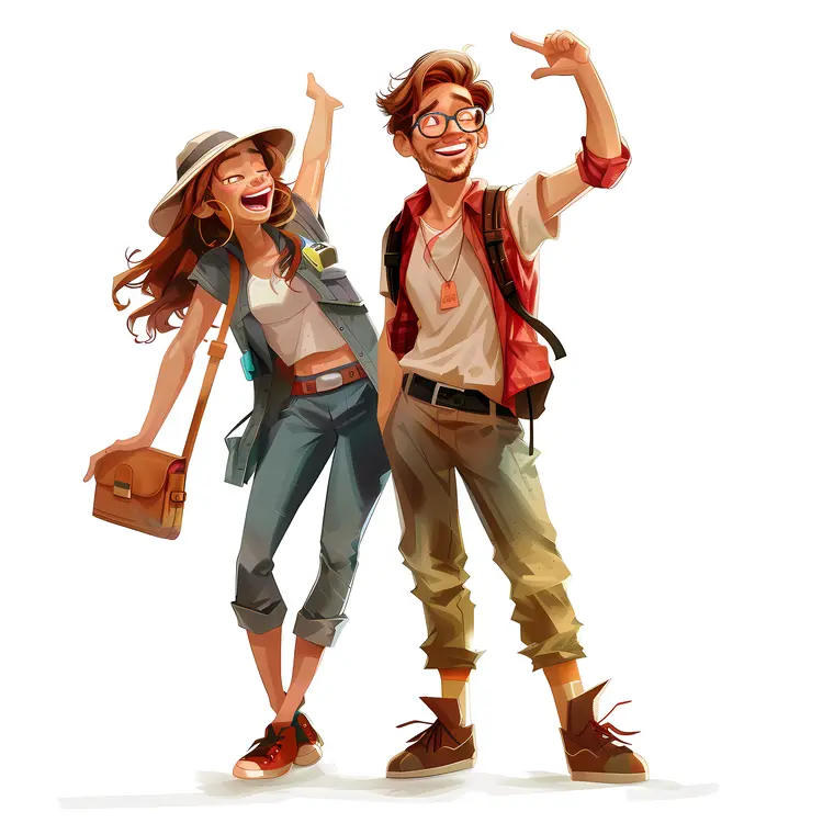 Adventurous Cartoon Couple with Backpacks