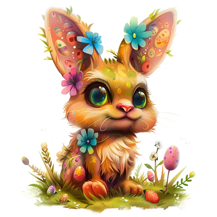 Colorful Bunny with Flowers and Easter Eggs