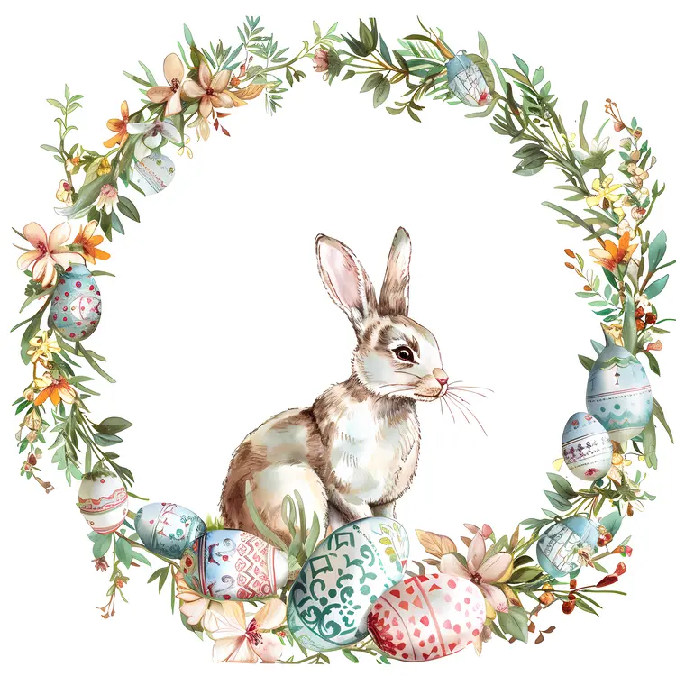 Easter Bunny with Decorated Eggs and Flowers