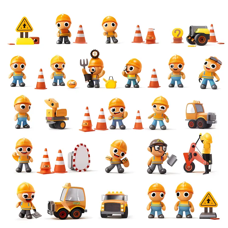 Various Cartoon Workers and Equipment