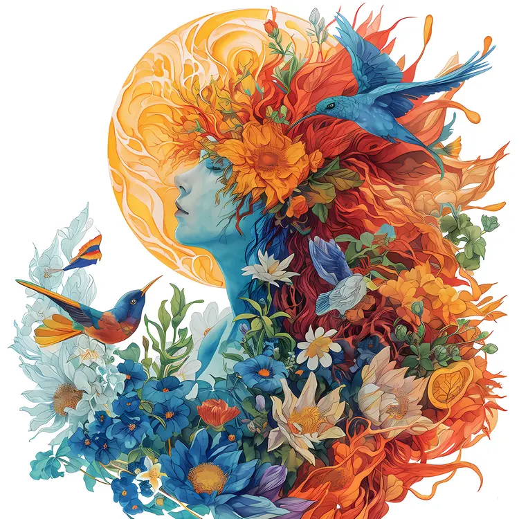 Vibrant Nature Art with Sun and Birds