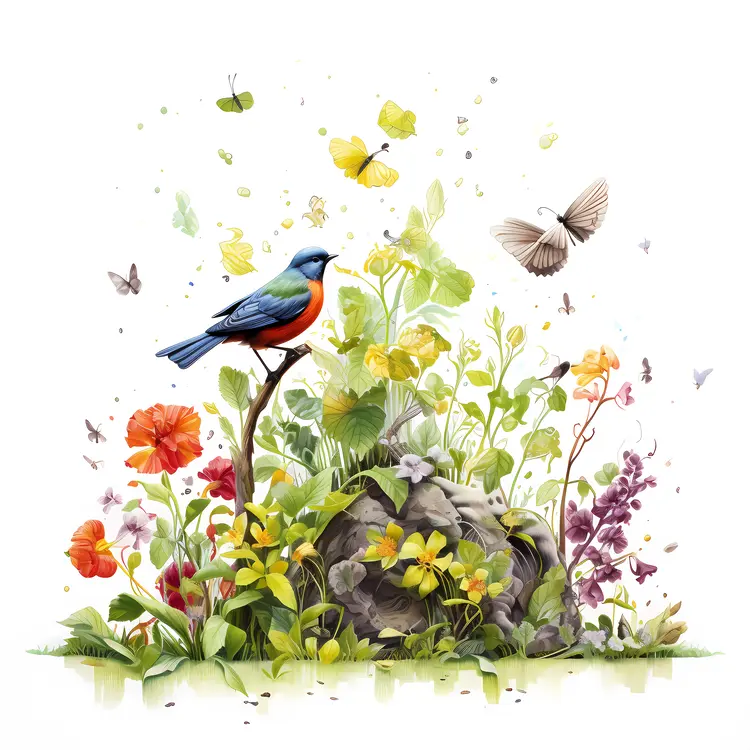 Blue Bird in a Colorful Garden