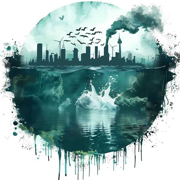 Polluted Cityscape with Smoke and Birds