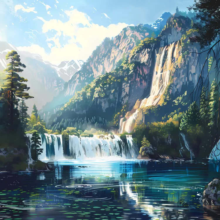 Majestic Waterfall in a Mountainous Landscape