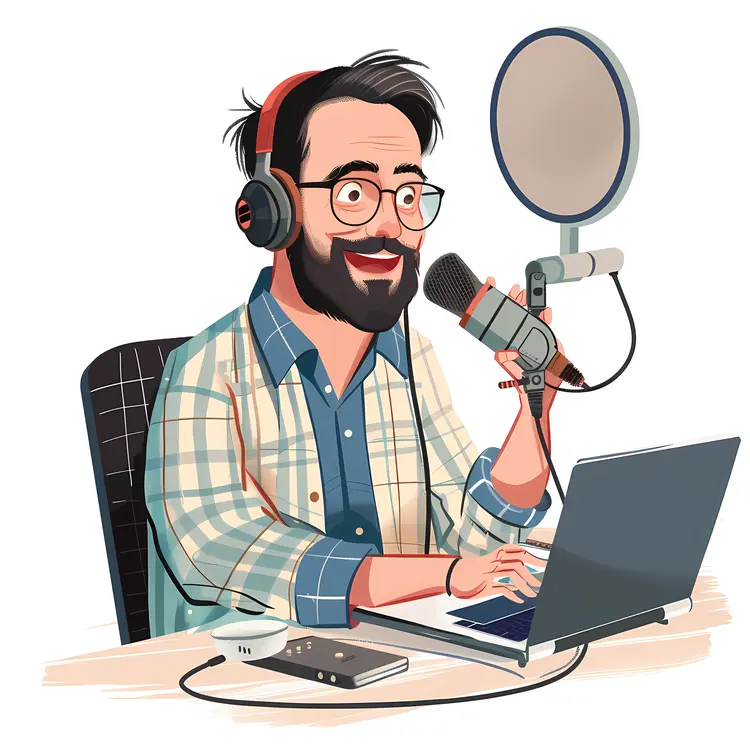 Podcaster with Microphone and Laptop