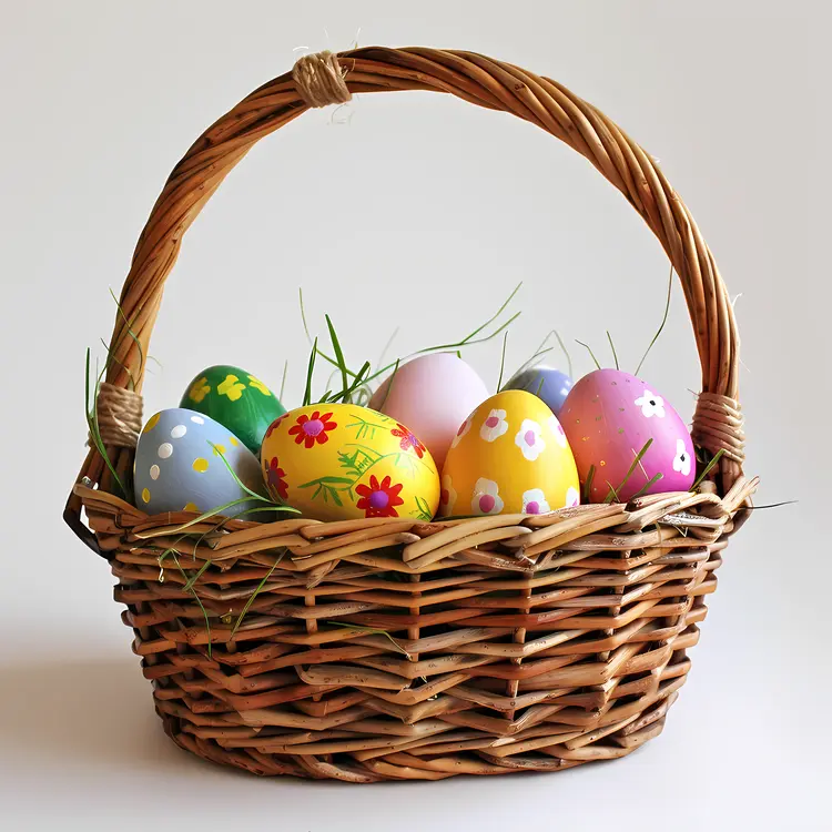 Basket of Colorful Painted Eggs