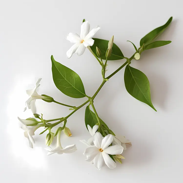 White Flowers with Green Leaves on a Branch