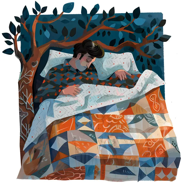 Man Sleeping Under Tree with Patchwork Blanket