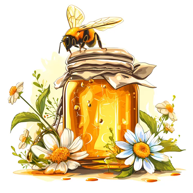 Honey Jar with Bees and Flowers