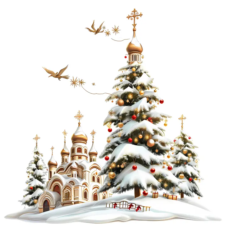 Snowy Church with Christmas Tree and Ornaments