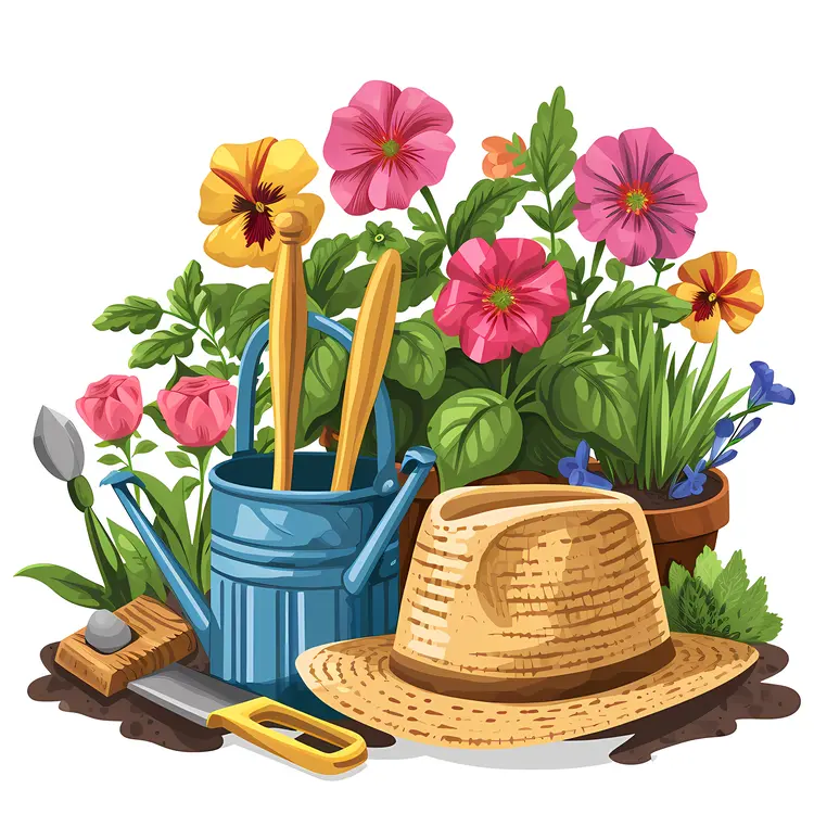 Straw Hat and Colorful Flowers with Gardening Tools