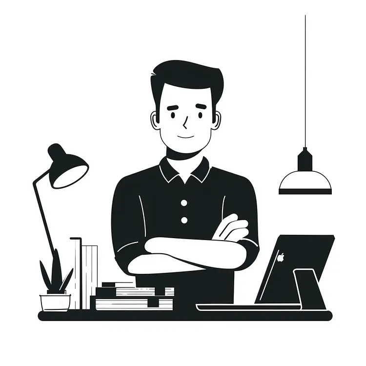 Man Working at Desk with Books and Lamp