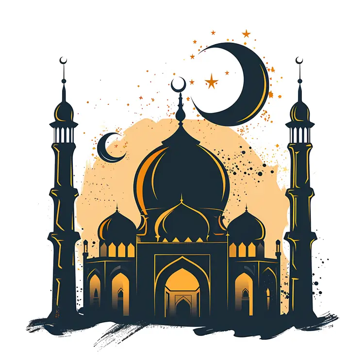 Mosque Silhouette with Crescent Moon and Stars