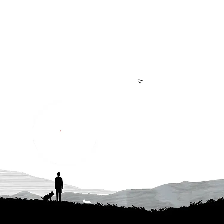Silhouette of Person and Dog in Landscape