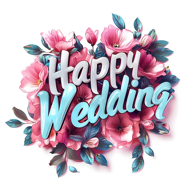 Happy Wedding Balloons with Pink Flowers