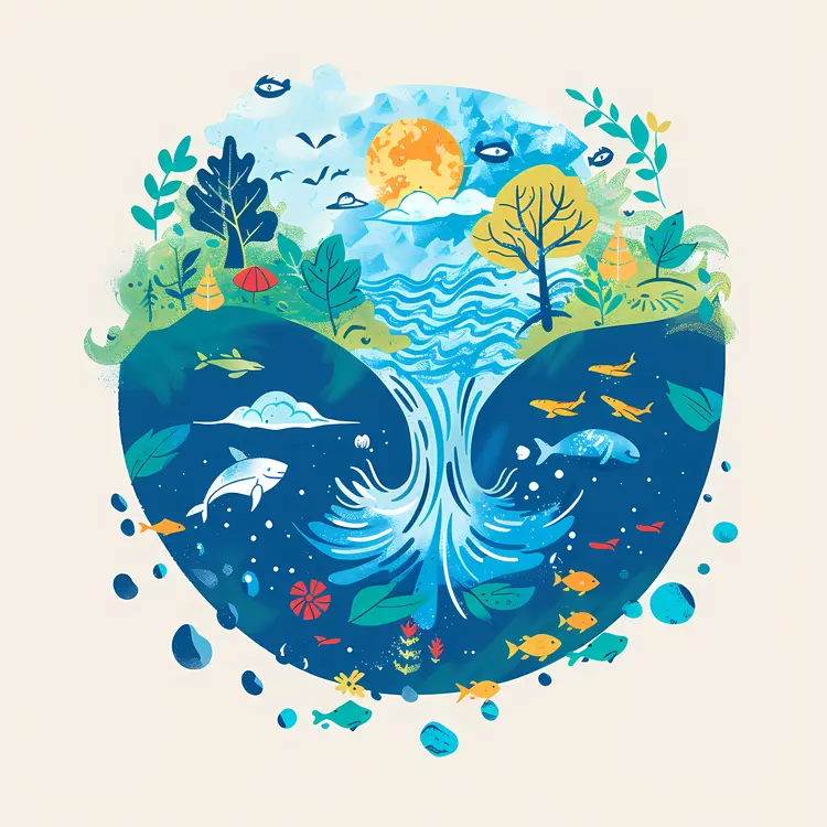 Illustration of Water Cycle with Fish and Trees