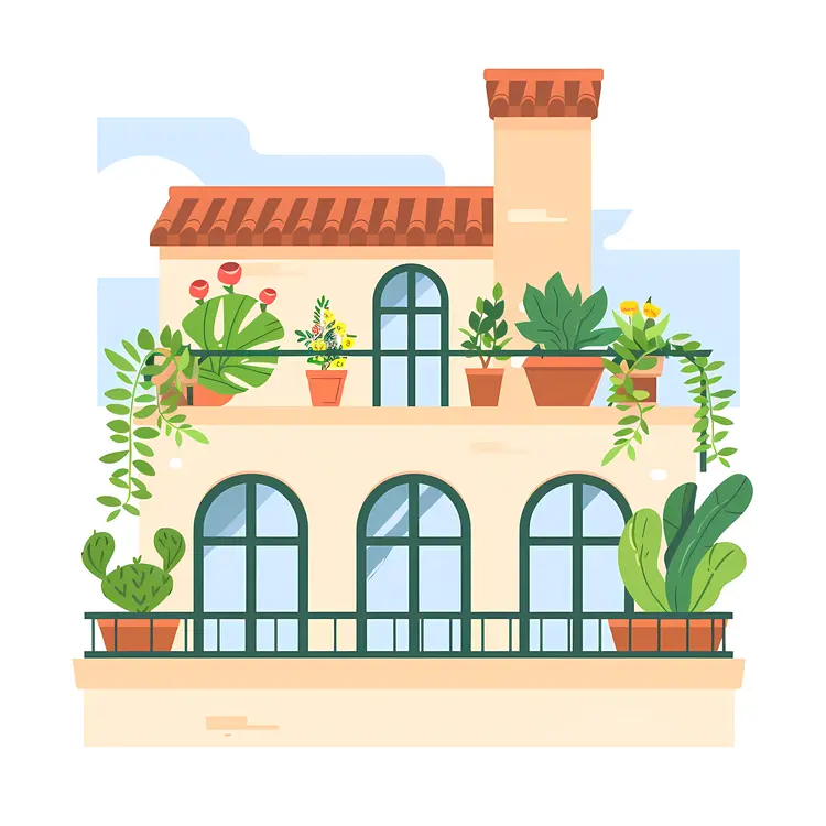 House with Balcony and Tropical Plants
