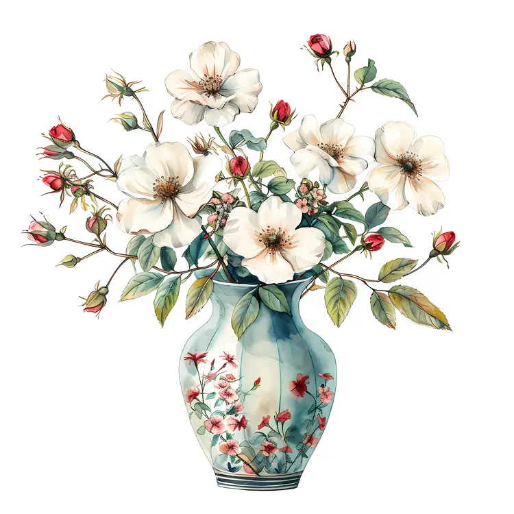 Elegant White Flowers in a Blue Floral Vase