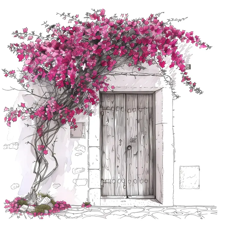 Pink Flowers on Stone Wall with Wooden Door