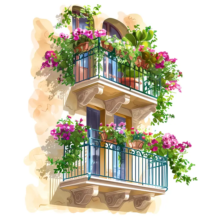 Double Balcony with Vibrant Flowers